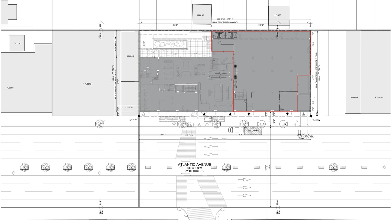 Architect's ground floor plan of a building 200 feet wide, shaded grey, facing Atlantic Avenue at the bottom of the drawing, with a red outline around the right-hand part marking a grocery store, lobby and lounge rooms at the left, a small rear yard at the upper left, arrows marking entrances along the sidewalk, street trees, a van at an unloading zone, the lanes of the avenue and neighboring buildings labelled one, three, four and seven floors