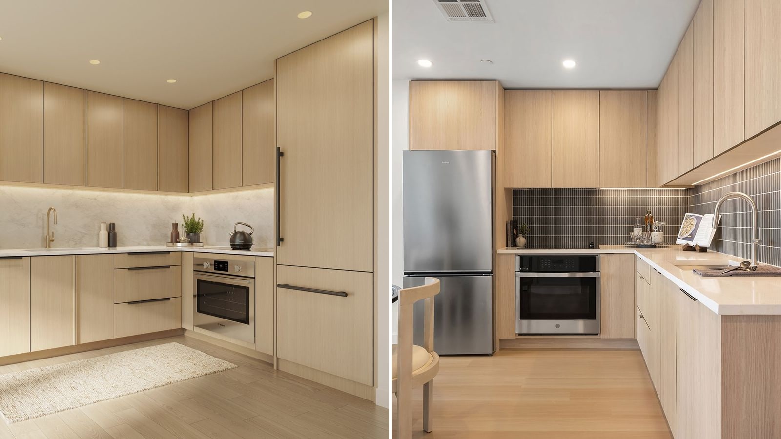 Two pictures of kitchens side by side. Left: a rendering of pale wood cabinets, a stone backsplash, a brass faucet, a built-in oven under a smooth cooktop and a refrigerator hidden behind tall cabinet panels. Right: a photograph of pale wood cabinets, a grey tile backsplash, a white counter with a sink, a built-in oven under a smooth cooktop and a freestanding stainless-steel refrigerator