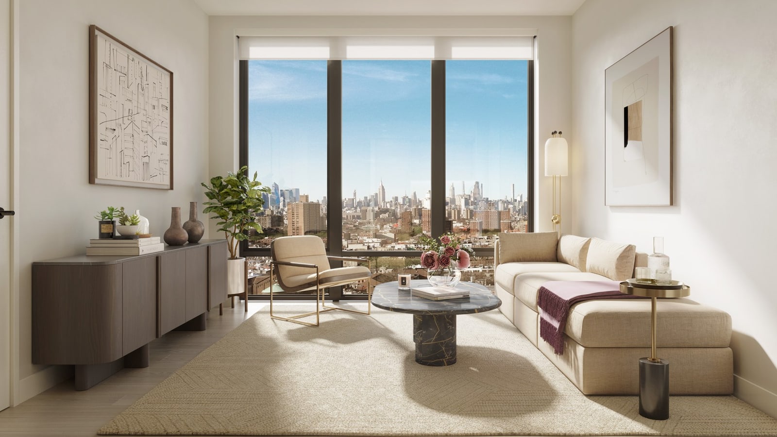 Rendering of a furnished living room with pale walls and wood-look flooring, a cream sofa, an armchair, a dark stone coffee table and a sideboard, and a three-panel floor-to-ceiling window looking over rooftops and apartment towers to a distant skyline