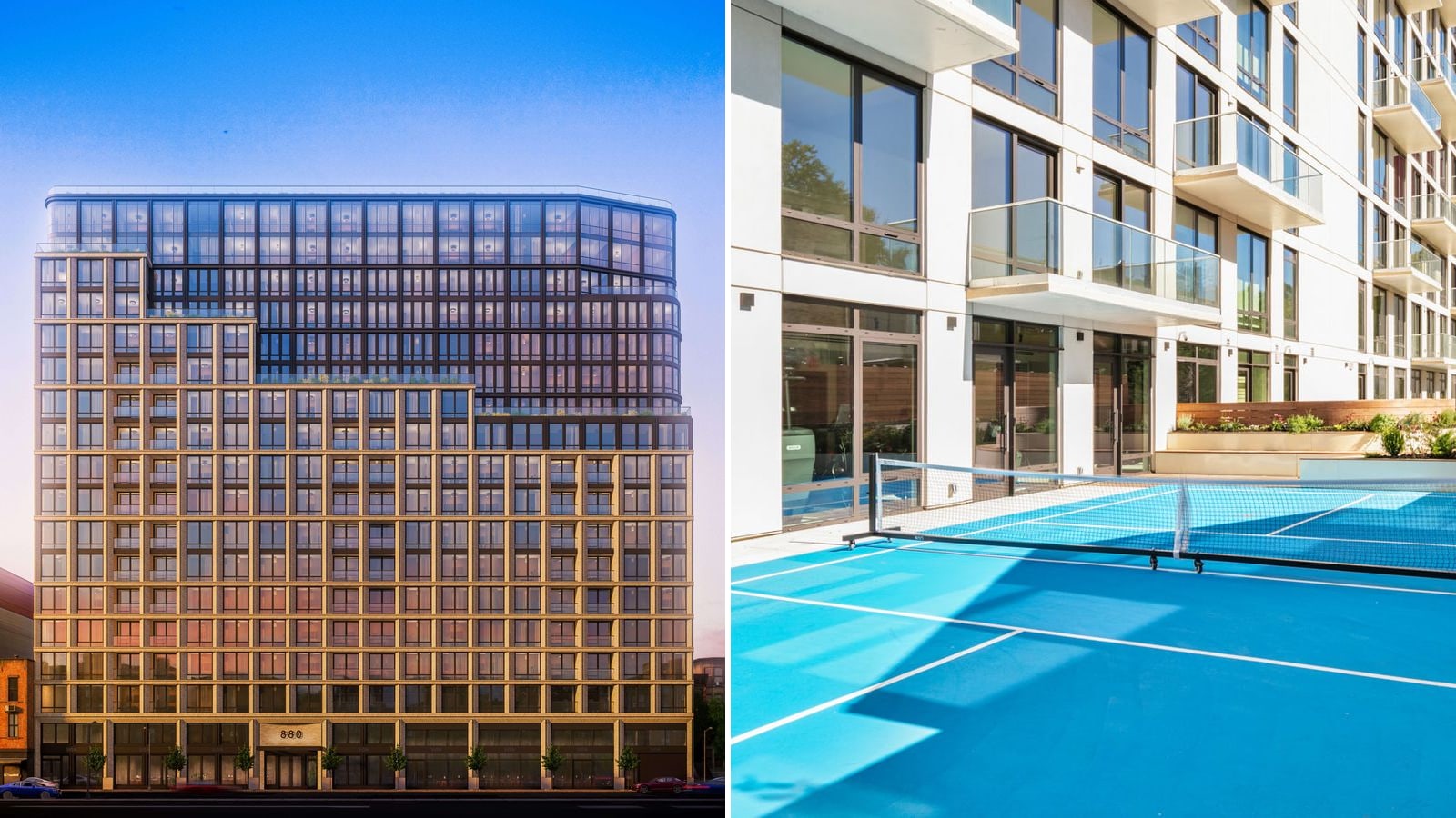 Two pictures side by side. Left: a rendering at dusk of a wide apartment building with a tan grid of brick piers and windows on its lower floors and dark glass upper floors that step back in three stages, the number 880 over the entrance and shopfronts along the sidewalk. Right: a photograph of a blue pickleball court with a net beside the lower floors of a white building with tall windows and glass-railed balconies