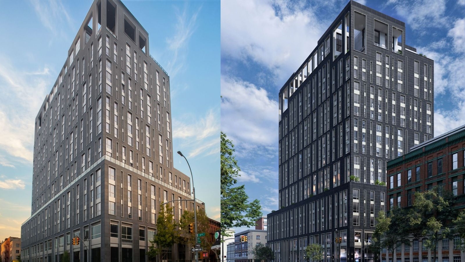 Two images side by side of the same dark grey 18-story building with tall narrow windows and large square openings near the top: at left a photograph taken from an intersection, with a street light, traffic signals, a 3 Av street sign and parked cars; at right a rendering of the building rising behind a red brick building and street trees