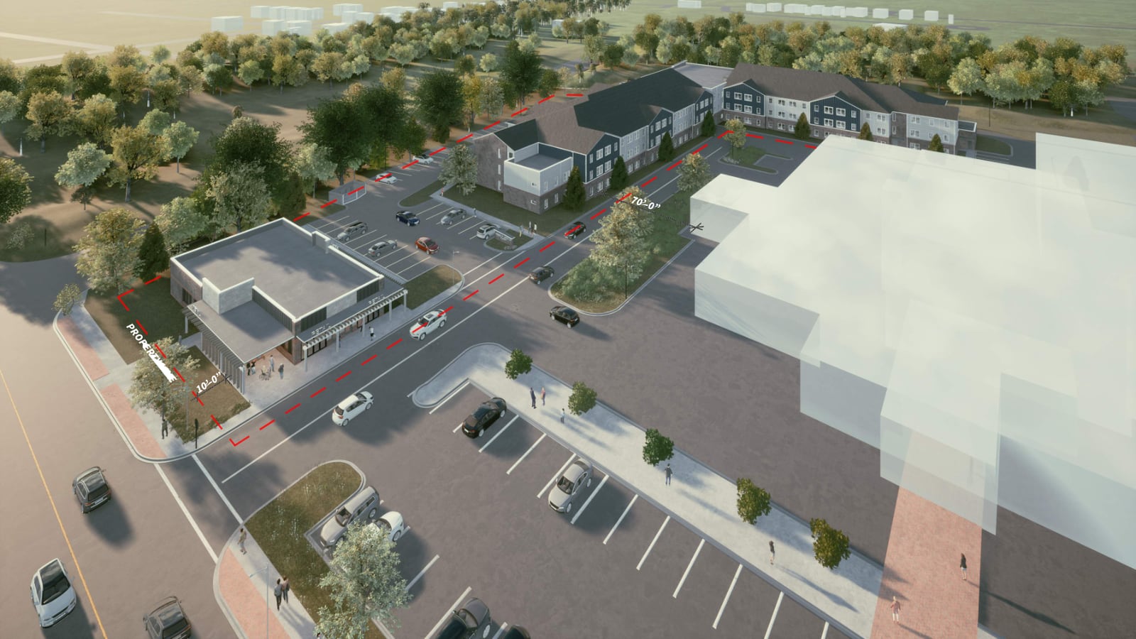 Aerial rendering of a site with a small flat-roofed commercial building at the street, a parking lot behind it and a long three-story apartment building at the back beside trees