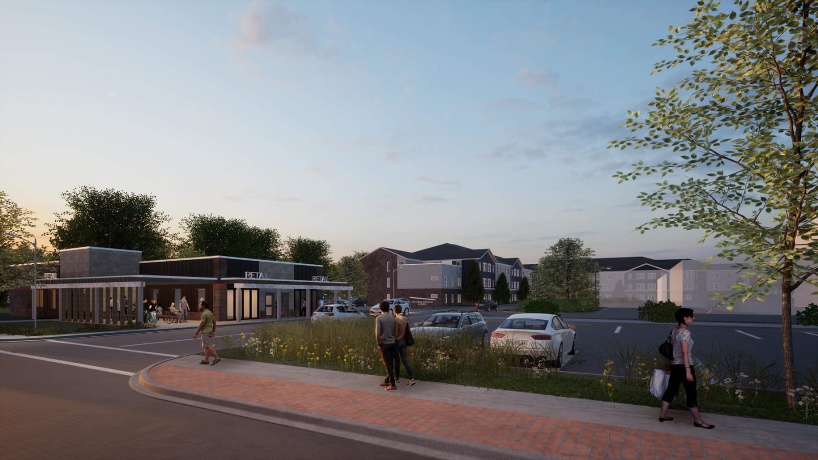 Street-level rendering of a one-story commercial building with a canopy beside a brick sidewalk, with a three-story apartment building in the distance and people walking