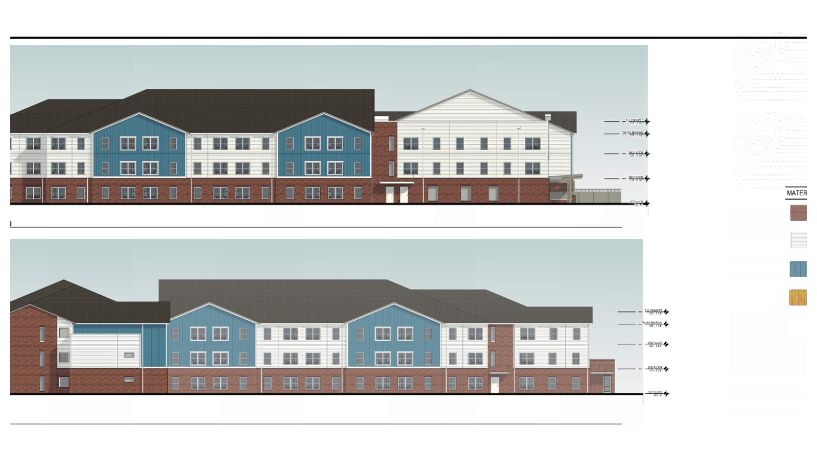 Two color elevation drawings of a three-story apartment building with a brick base, white and blue siding and dark pitched roofs