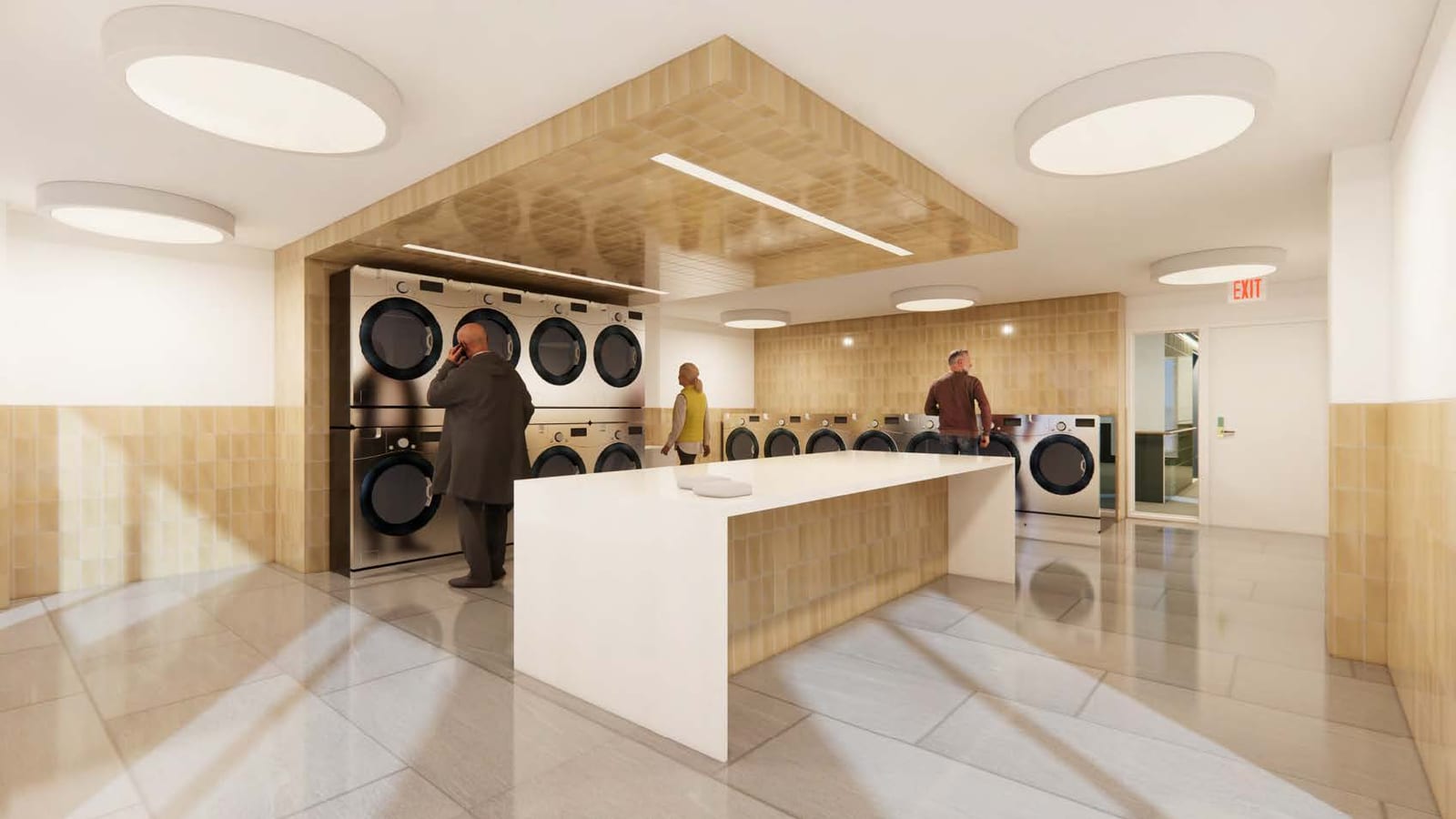 Rendering of a laundry room with stacked stainless steel washers and dryers under a wood-toned tiled canopy, a white folding table in the middle, three people doing laundry and an exit sign over a door at the right