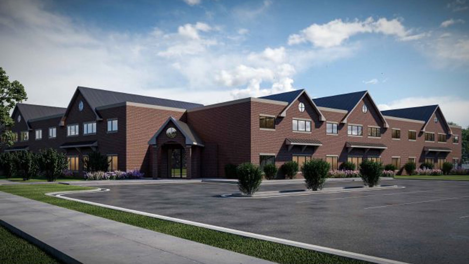 Rendering of a two-story red brick building with several peaked gables, a covered entrance and a parking lot in front