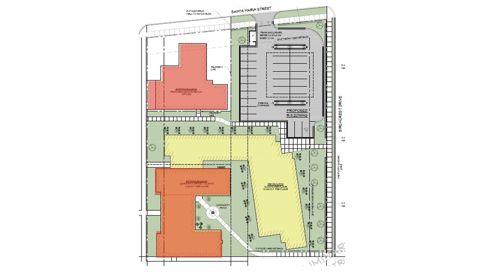 Colored site plan showing an existing building in orange, an attached new building in yellow, a second existing building in red, a parking lot off Santa Maria Street, and Birchcrest Drive along the right edge