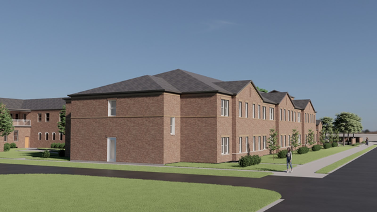 Rendering of a two-story red brick apartment building with a dark hipped roof and a row of gabled bays, beside an older brick building, with lawns and a sidewalk