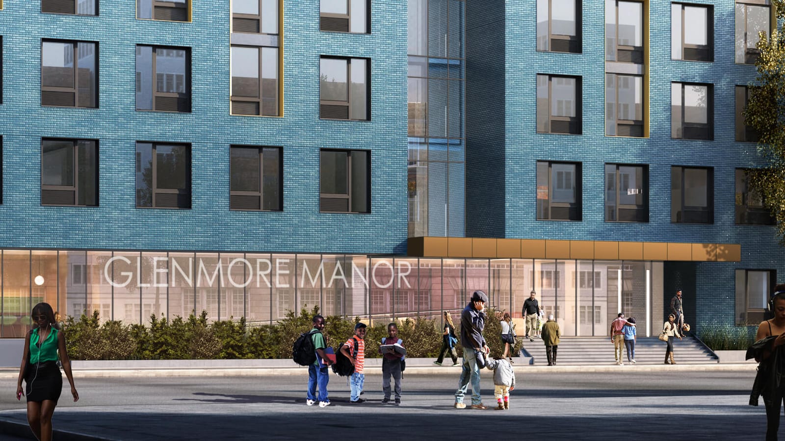 Rendering of the lower floors of a blue brick building with a glass storefront lettered GLENMORE MANOR, a bronze-colored canopy over an entrance with steps, shrubs along the sidewalk, and children with backpacks and other pedestrians in the street