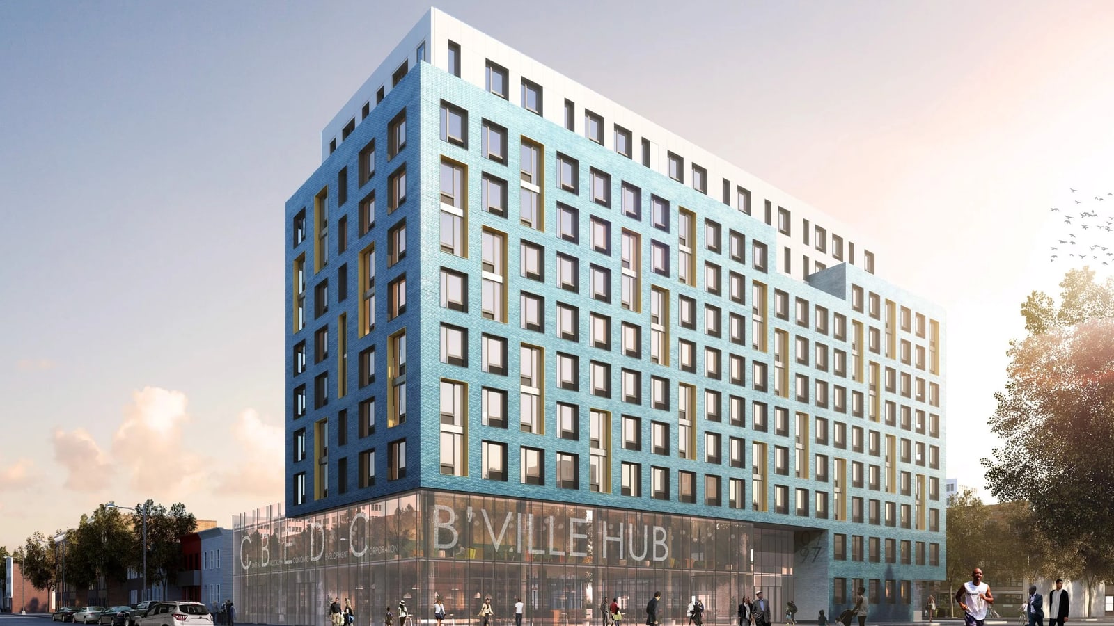 Rendering of a tall blue brick building with a white top floor above a two-story glass base lettered CBEDC and B'VILLE HUB, the number 97 beside a recessed entrance, parked cars at left and pedestrians and a runner on the street