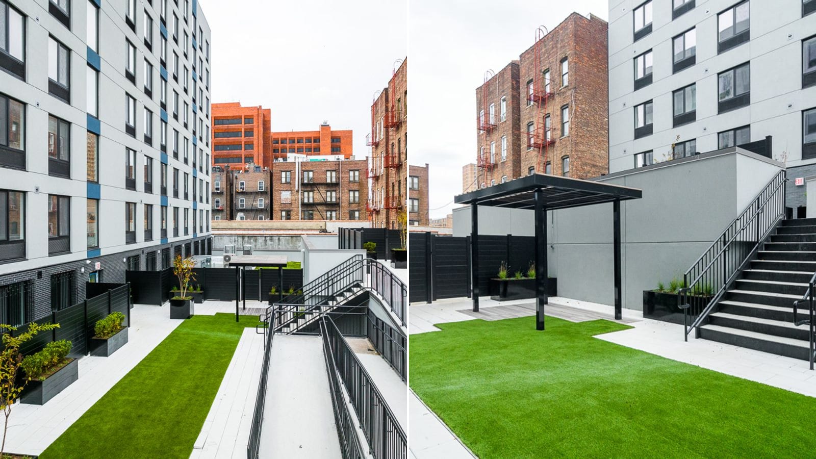 Two photographs side by side of a courtyard between apartment buildings: at left a strip of artificial turf, pale pavers, black planters and a ramp with black railings beside a white and grey building face with blue panels, with older brick buildings beyond; at right a black metal pergola on a turf lawn beside a flight of black steps, with brick apartment houses behind