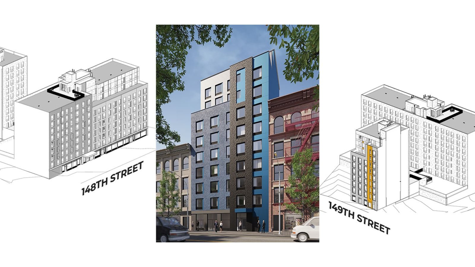 Developer's diagram on a white ground: at left a line drawing of a wide apartment block labelled 148TH STREET, in the center a rendering of a narrow tower in blue, grey and black between older brick buildings, and at right a line drawing of the narrow tower standing in front of the wide block, labelled 149TH STREET