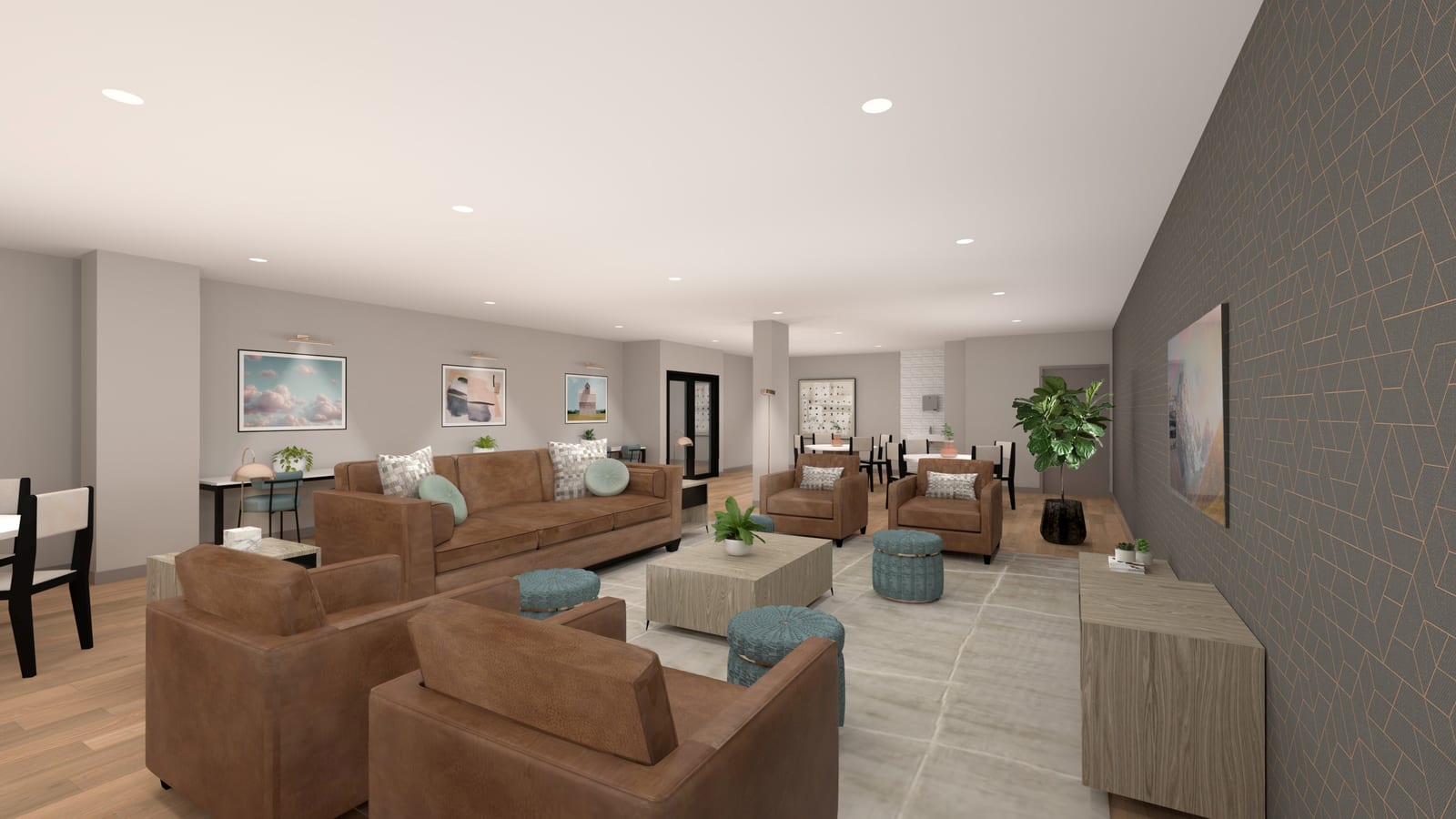 Rendering of a long furnished lounge with a brown leather sofa and armchairs, teal ottomans, wood tables on a pale rug, dining tables and chairs at the far end, framed pictures on a grey wall and a patterned grey wall at the right