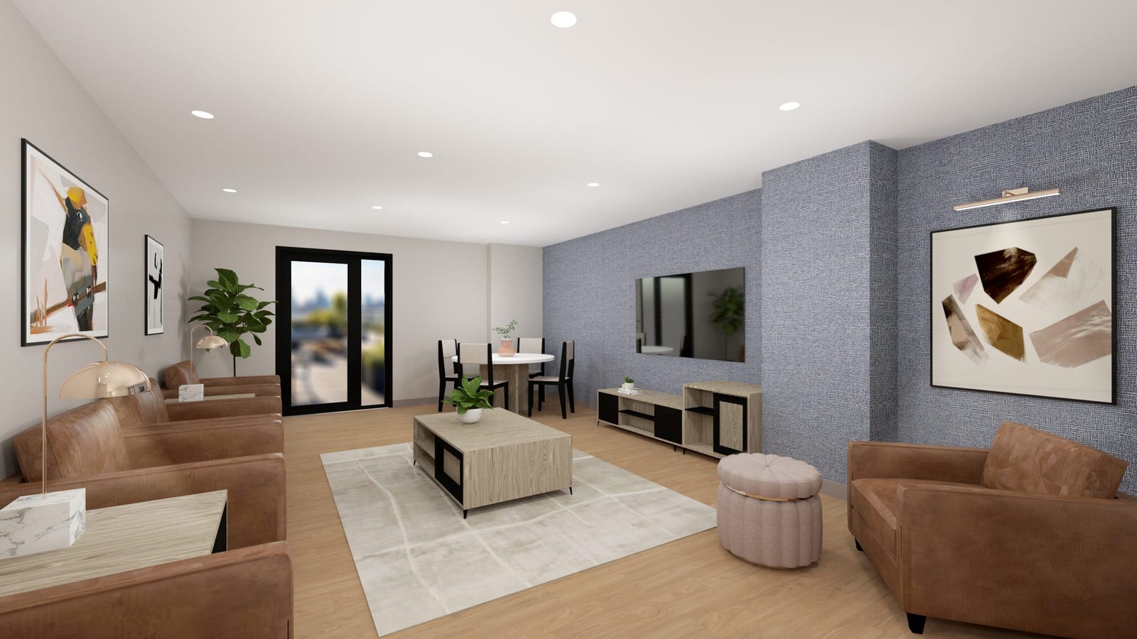 Rendering of a furnished lounge with brown leather armchairs, a wood coffee table on a pale rug, a wall-mounted television on a blue textured wall, a round table with four chairs, framed artwork and a glass door