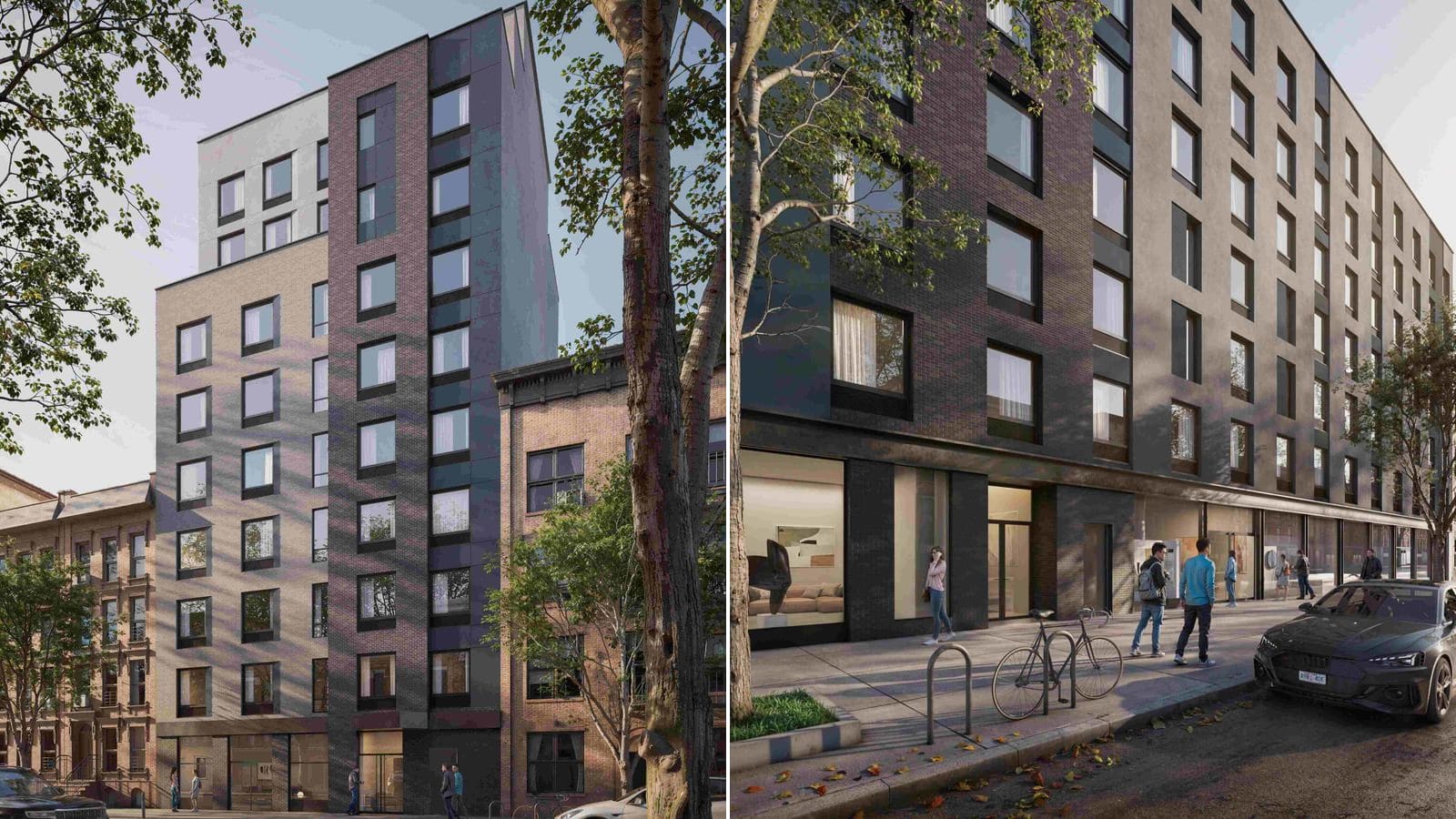 Two renderings side by side: at left a narrow apartment tower in tan and dark brick with grey panels and set-back upper floors, standing between older brick row houses on a tree-lined street; at right a street-level view along a long building with dark brick, tan panels and glass storefronts, a lobby window showing a sofa, people on the sidewalk, a bicycle at a rack and a dark car