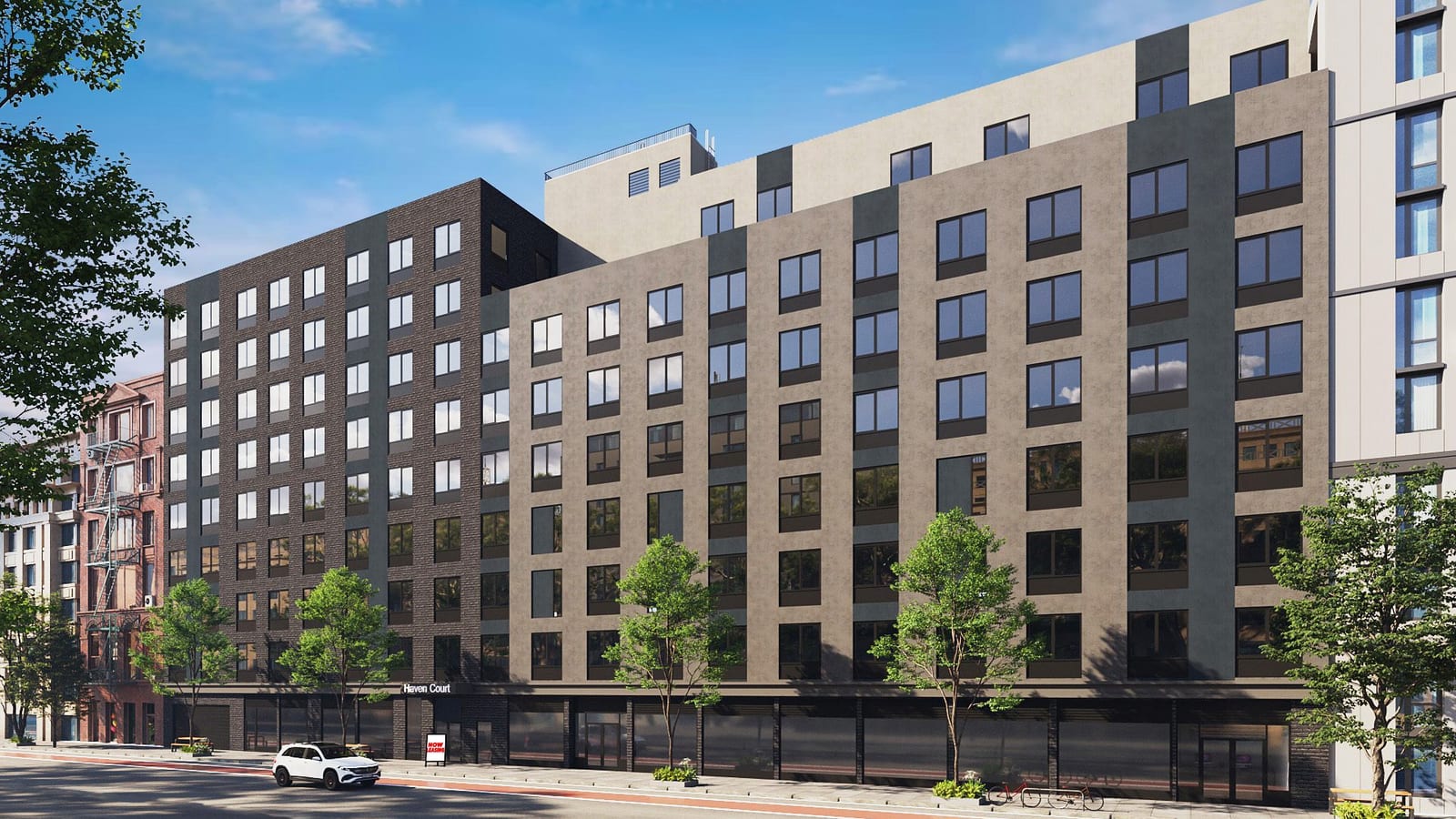Rendering of a long apartment building seen across a street, with a dark brick section at the left and a tan and grey section at the right, seven rows of windows above a dark storefront base, set-back upper floors behind, white lettering reading Haven Court over an entrance, a red and white Now Leasing sign on the sidewalk, young street trees and a white car