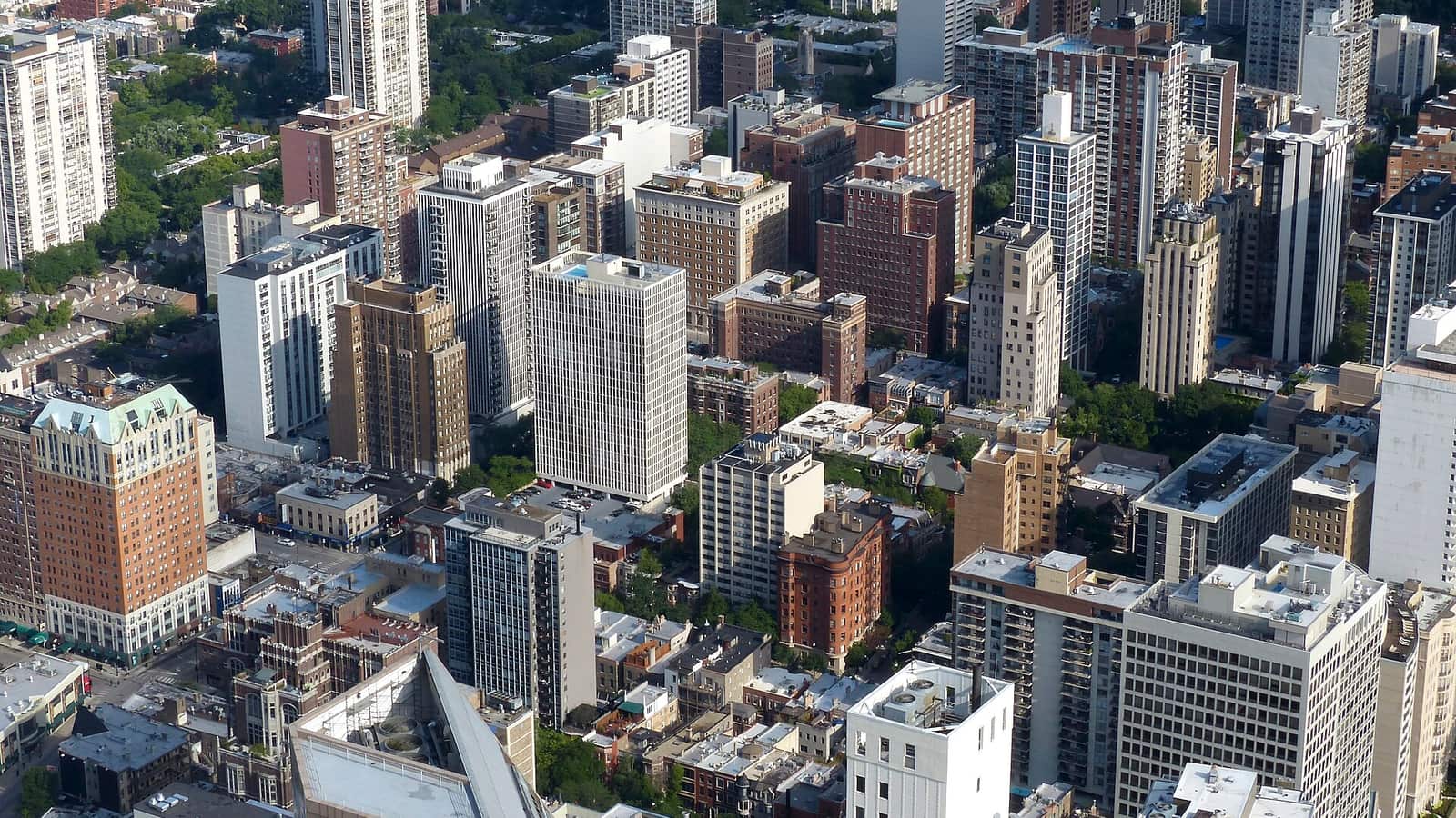 Aerial view of apartment buildings and streets