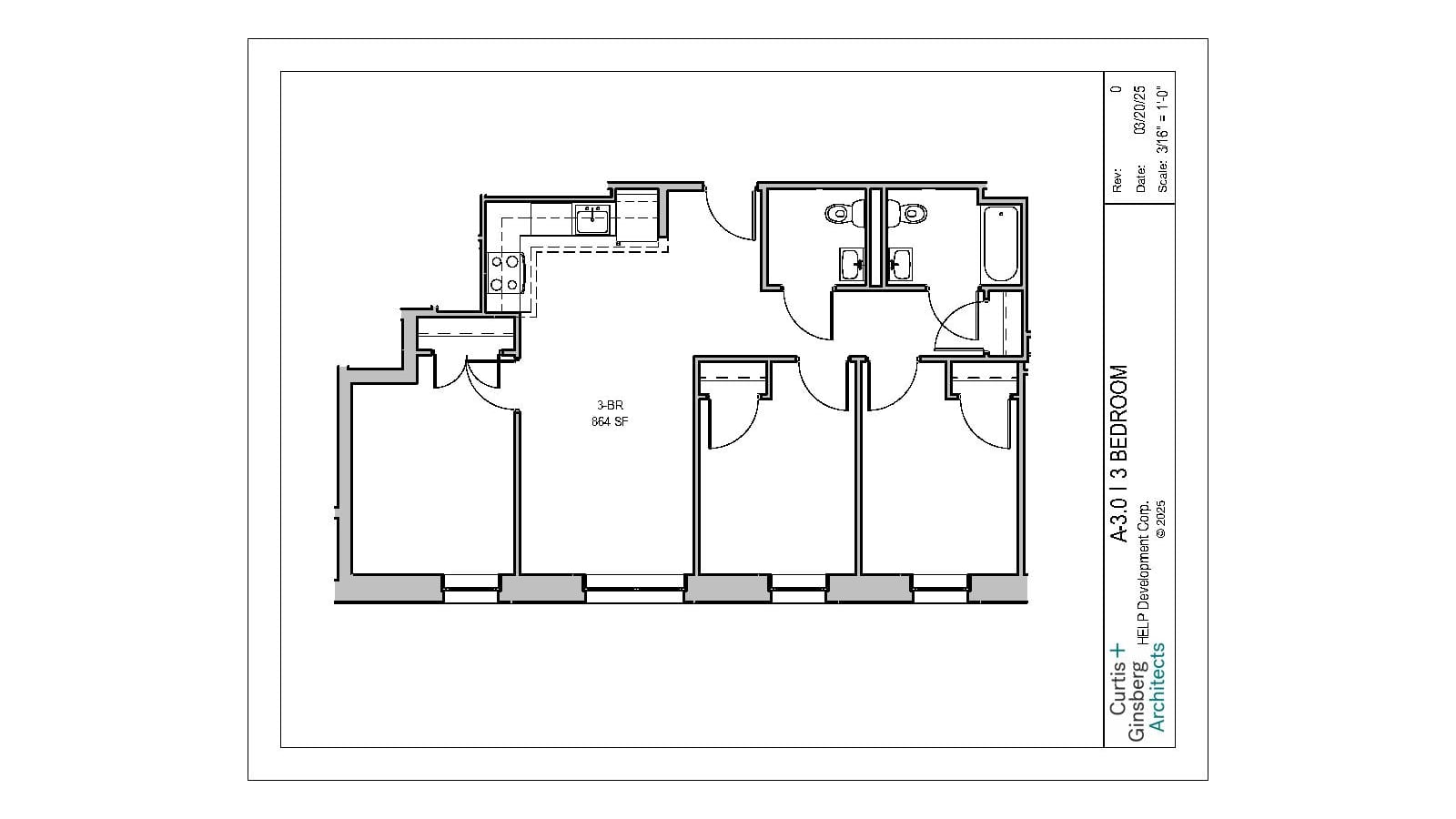Floor plan labelled A-3.0, 3 Bedroom, 3-BR 864 SF: three bedrooms along a row of windows, a living area, an L-shaped kitchen with a four-burner range and sink, a bathroom with a tub and a second room with a toilet and sink, and closets; title block reads Curtis + Ginsberg Architects, HELP Development Corp., dated 03/20/25