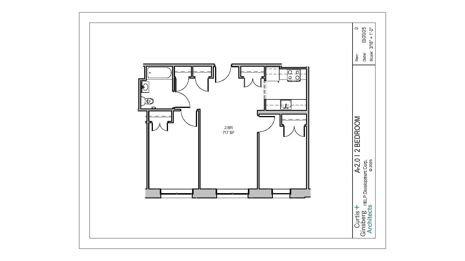 Floor plan labelled A-2.0, 2 Bedroom, 2-BR 717 SF: two bedrooms along a row of windows on either side of a living area, a galley kitchen with a four-burner range and sink, one bathroom with a tub, and four closets; title block reads Curtis + Ginsberg Architects, HELP Development Corp., dated 03/20/25