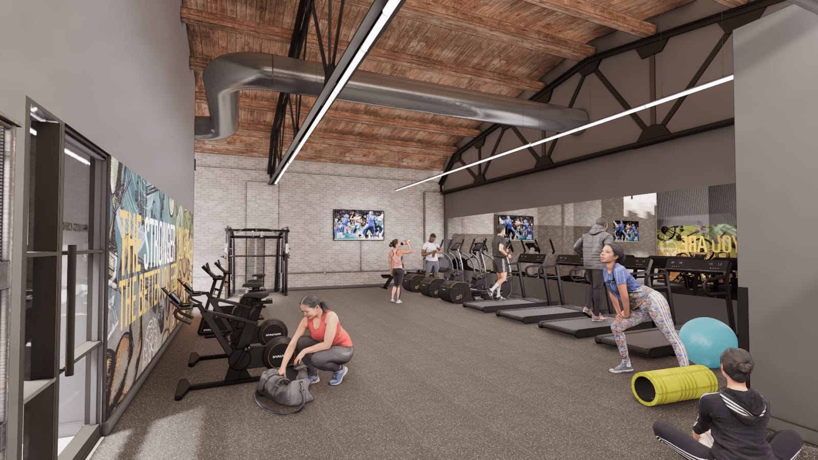 Rendering of a fitness room with treadmills, exercise bikes and a weight rack under an exposed wood ceiling with steel trusses, with people exercising and a mural on one wall