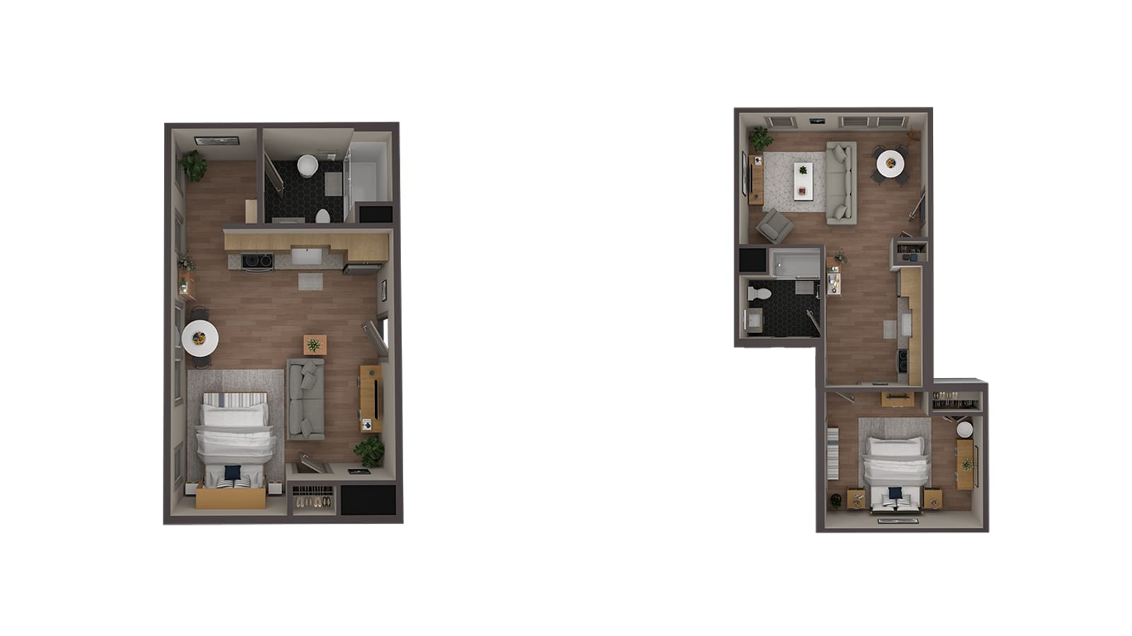 Two furnished floor plans seen from above: on the left a studio with a bed, a sofa, a kitchen wall and a bathroom, and on the right a one-bedroom with a living room at the top and a separate bedroom at the bottom