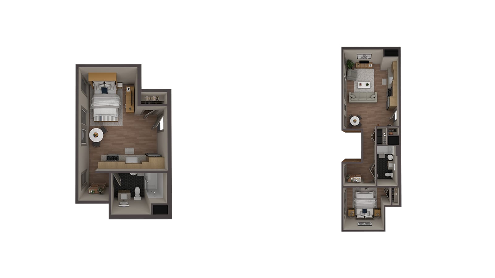 Two furnished floor plans seen from above: on the left a studio with a bed beside a small living area and a kitchen wall, and on the right a long one-bedroom with the living room at the top and the bedroom at the bottom