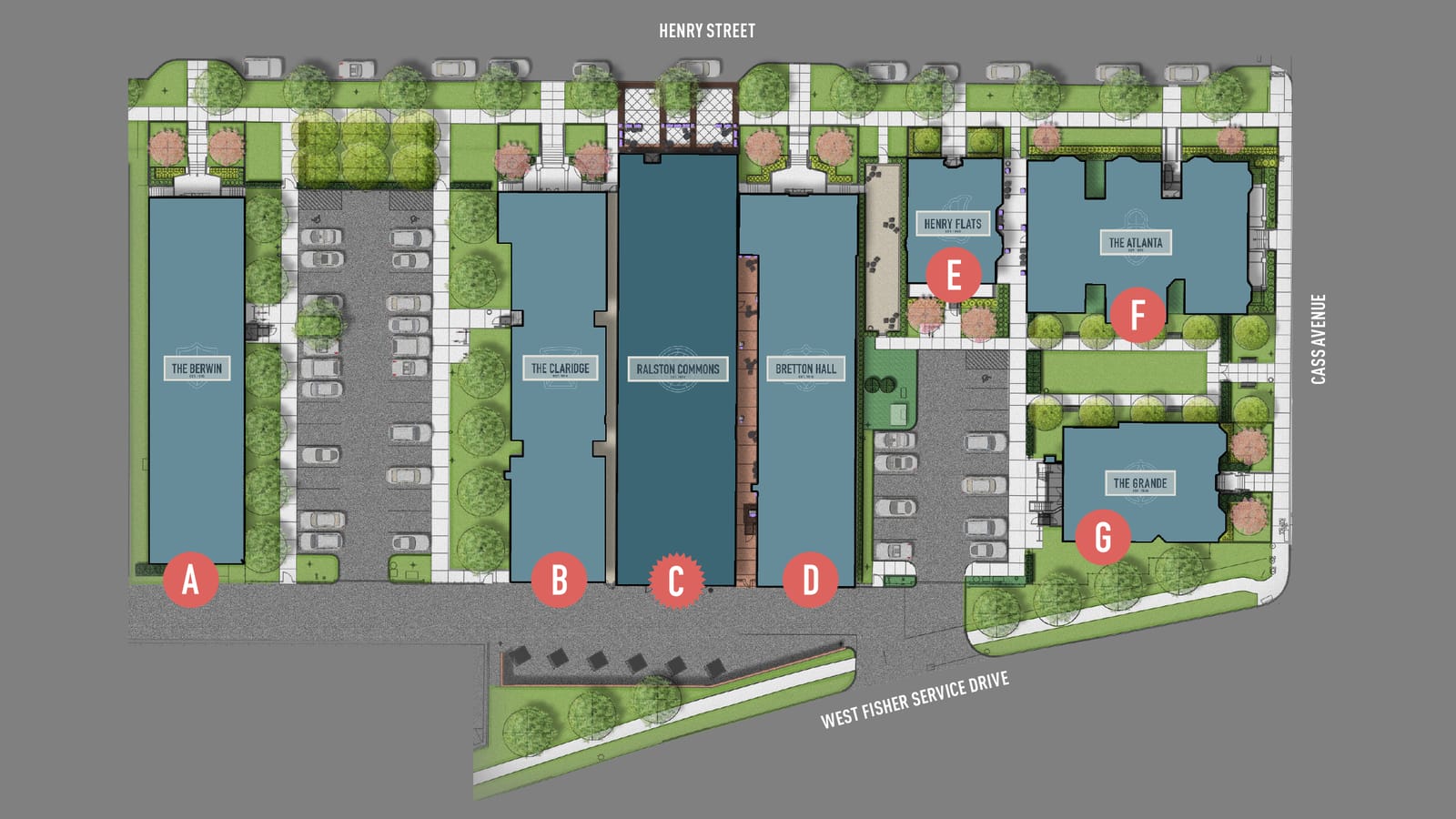 Site plan of one city block with Henry Street along the top and Cass Avenue on the right, showing seven buildings labeled The Berwin, The Claridge, Ralston Commons, Bretton Hall, Henry Flats, The Atlanta and The Grande, with parking lots and green space between them