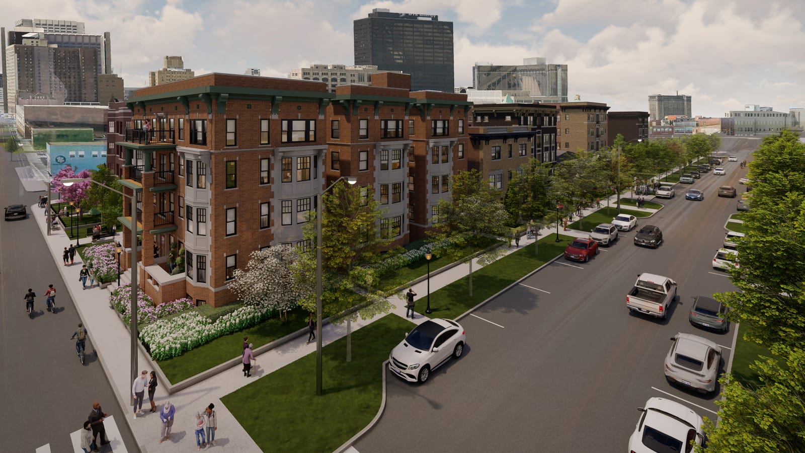 Rendering of a tree-lined city block of four-story red-brick apartment buildings with green cornices, bay windows and balconies, seen from above a street corner with parked cars, with downtown towers behind