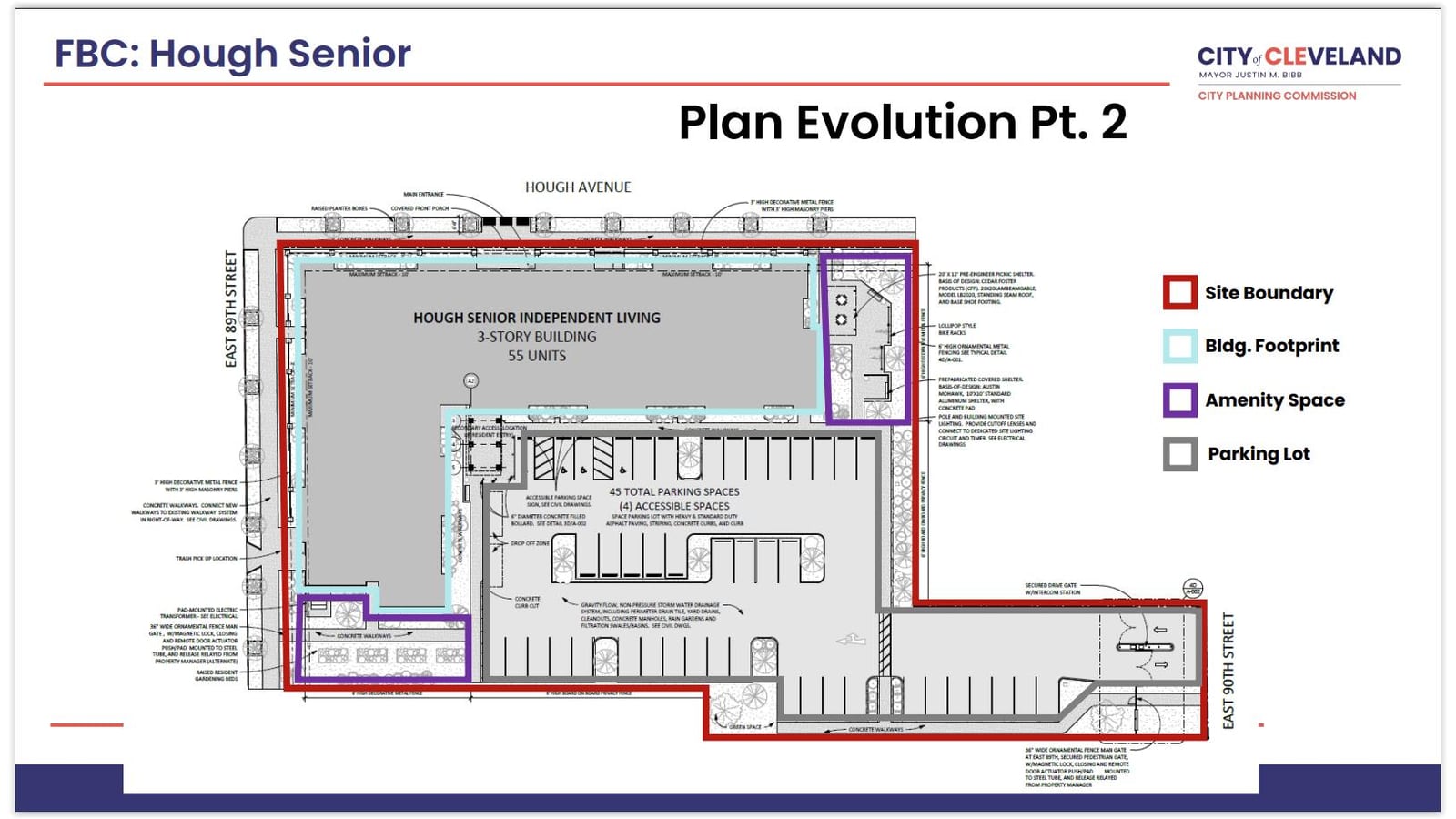 City Planning Commission slide titled FBC: Hough Senior, with a site plan showing an L-shaped three-story building of 55 units on Hough Avenue and East 89th Street and a parking lot of 45 spaces