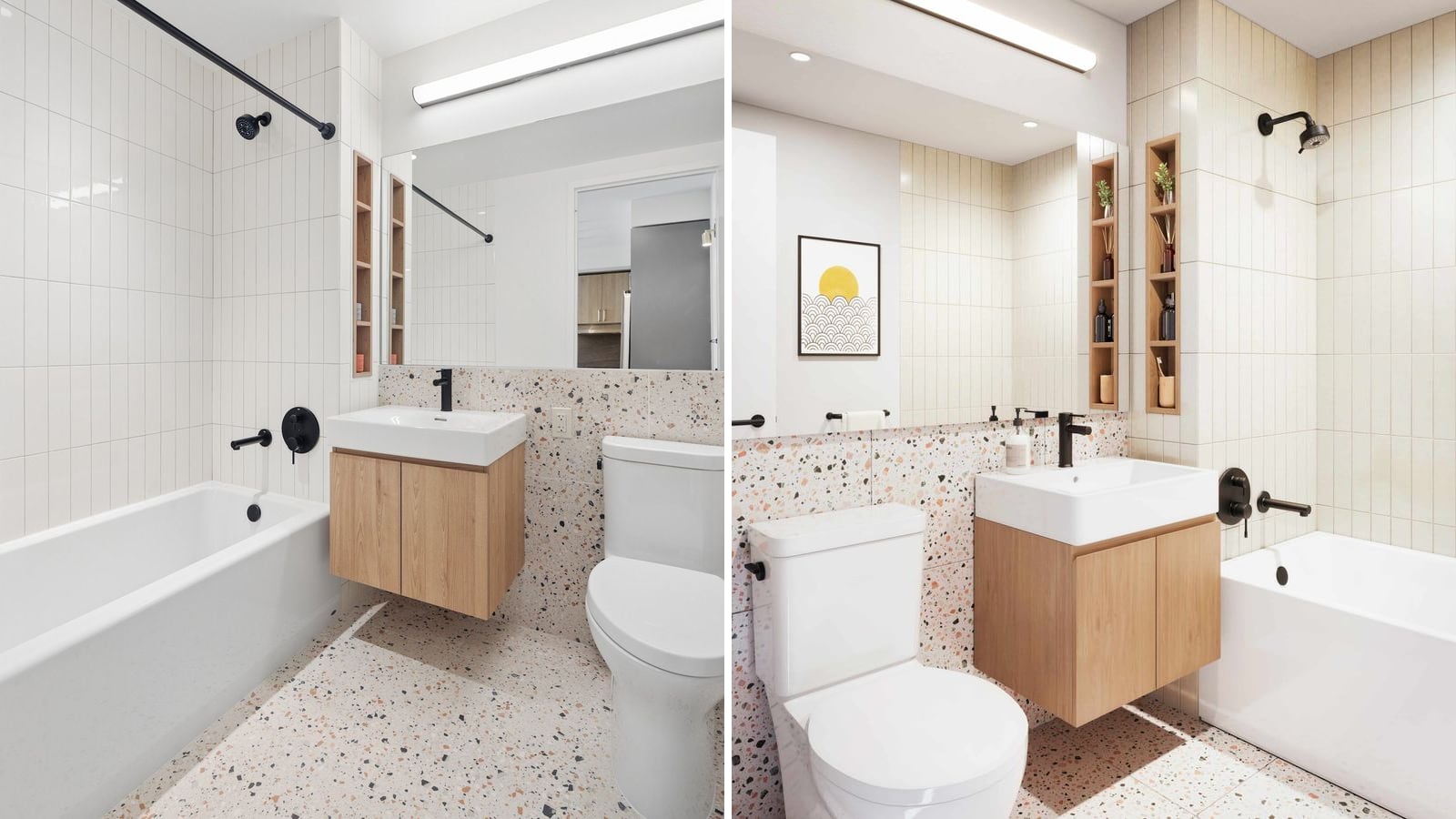 Two images side by side of the same bathroom design: at left a photograph with white vertical wall tile, speckled terrazzo-pattern floor and wall tile, a wall-hung wood vanity with a white sink, black fixtures, a bathtub with a black shower rod and a toilet; at right a rendering with the same tile, vanity and black fixtures, a bathtub at the right and a small framed print on the wall