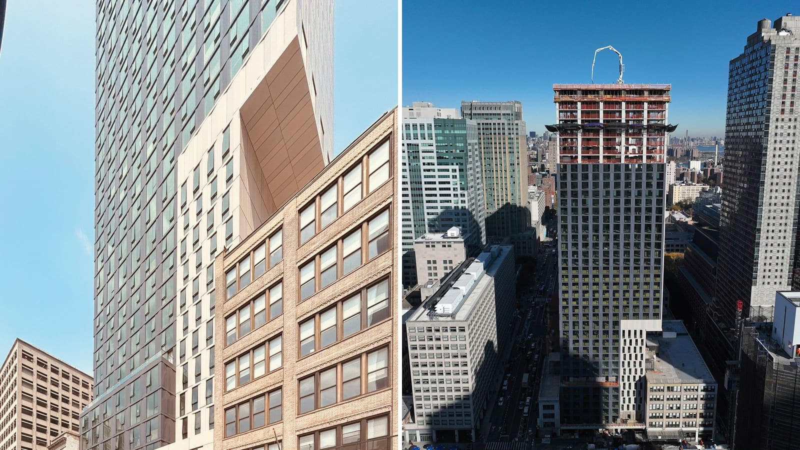 Two photographs side by side: at left, a view up from the street at a glass tower whose upper floors step out over a six-story tan brick building next door, showing the pale angled underside of the overhang; at right, an aerial view of the same tower under construction, its top floors open with orange netting and a concrete pump arm above, among taller and lower buildings