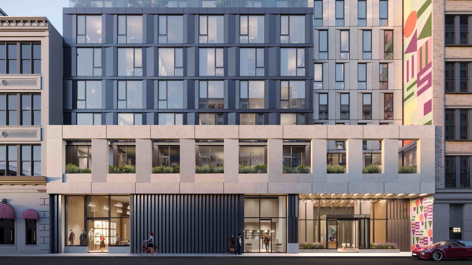 Rendering of the lower floors of an apartment building: glass storefronts and an entrance under a lit canopy with a sign reading HOUSE 55, a pale stone frame with planters above them, dark metal and glass floors rising behind, a multicolored geometric mural on the wall at the right, and a cyclist, pedestrians and a red car on the street