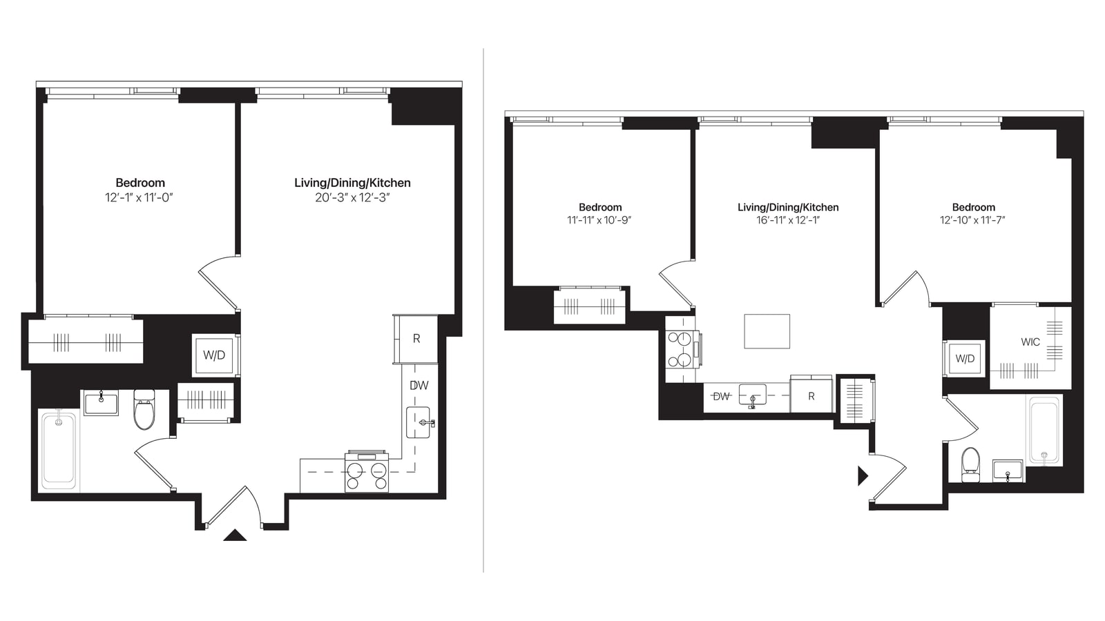 Two black and white floor plans side by side: at left a one-bedroom apartment with a bedroom marked 12 feet 1 inch by 11 feet, a living, dining and kitchen room marked 20 feet 3 inches by 12 feet 3 inches, one bathroom, closets and a washer-dryer closet; at right a two-bedroom apartment with a bedroom on each side of a living, dining and kitchen room with an island, one bathroom, a walk-in closet and a washer-dryer closet