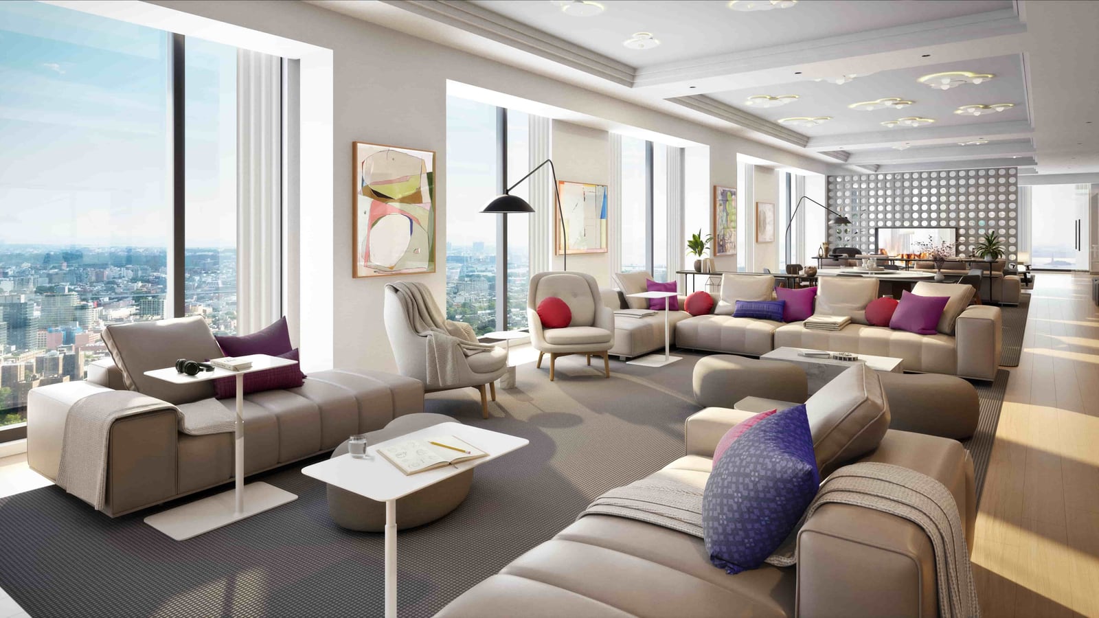 Rendering of a long lounge with floor-to-ceiling windows over the city, beige sectional sofas with purple and red cushions, armchairs, floor lamps, framed abstract prints, small white side tables, and at the far end a white pierced-block screen with a fireplace