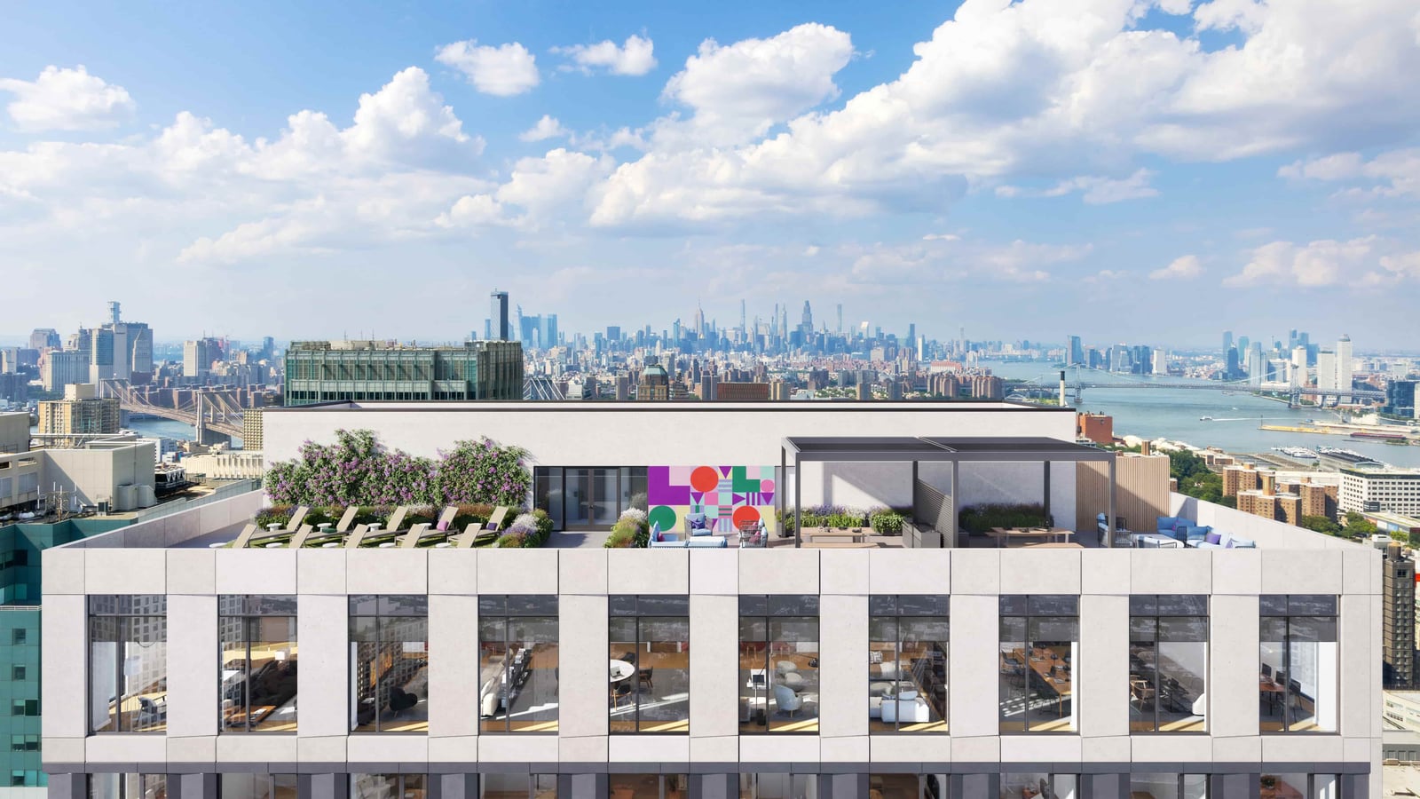 Rendering of a rooftop terrace on top of a pale stone-clad tower, with rows of lounge chairs, flowering shrubs, a pergola over dining tables, outdoor sofas and a multicolored geometric mural, above a floor of tall windows with lounge rooms inside, and the Brooklyn Bridge, the East River and the Manhattan skyline behind