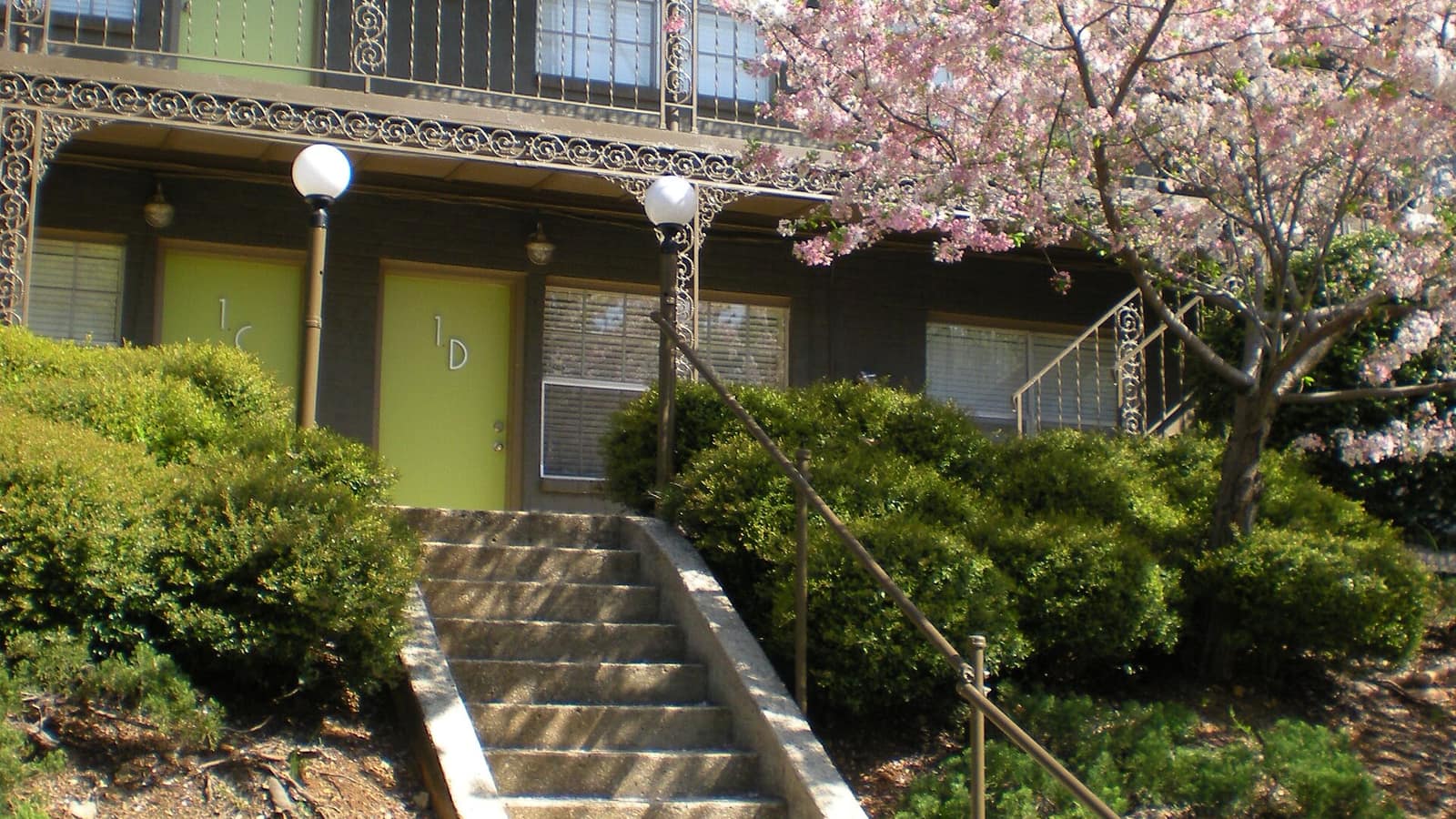 Outdoor stairs between shrubs leading to green apartment doors beneath a balcony