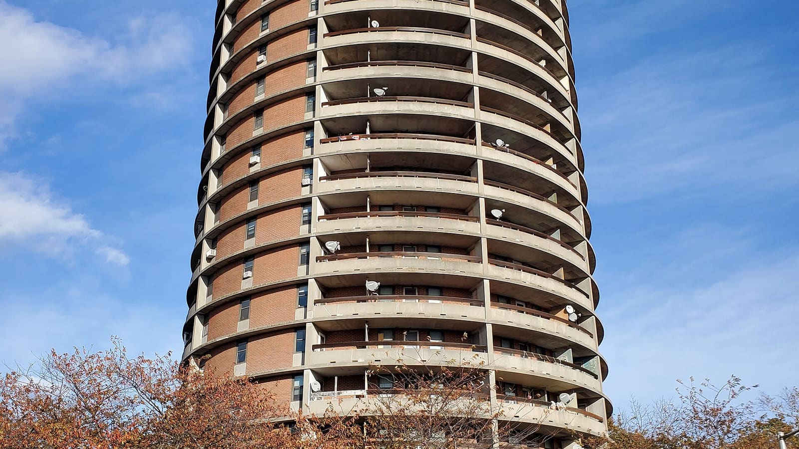 The rounded balconies of Walnut Park apartments in Roxbury, Boston