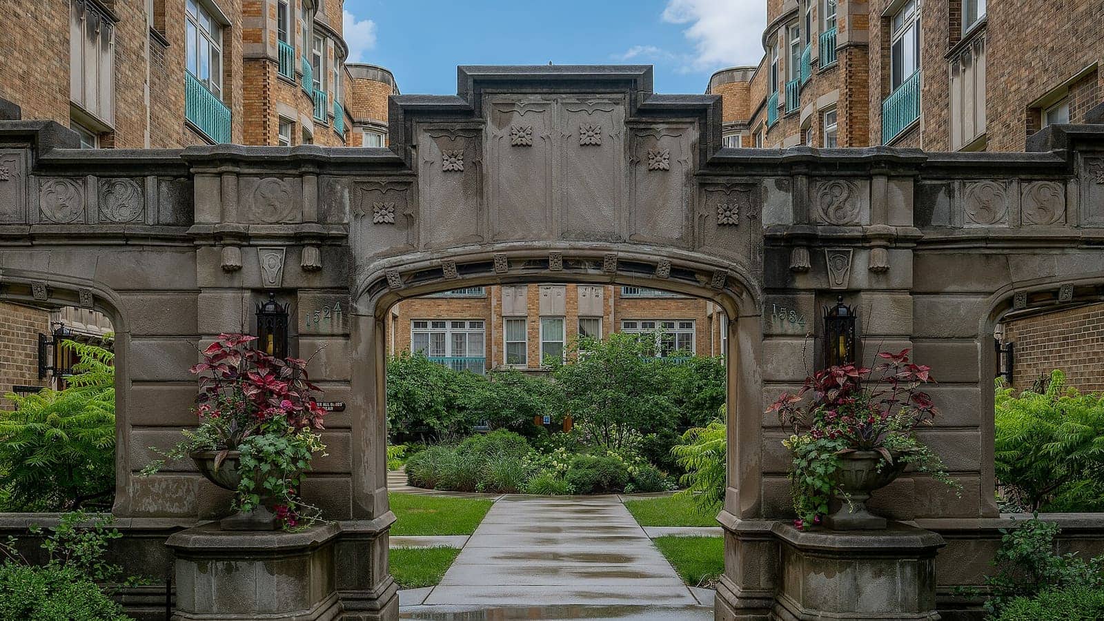 The courtyard entrance of an apartment building at 1522 East 59th Street in Hyde Park, Chicago