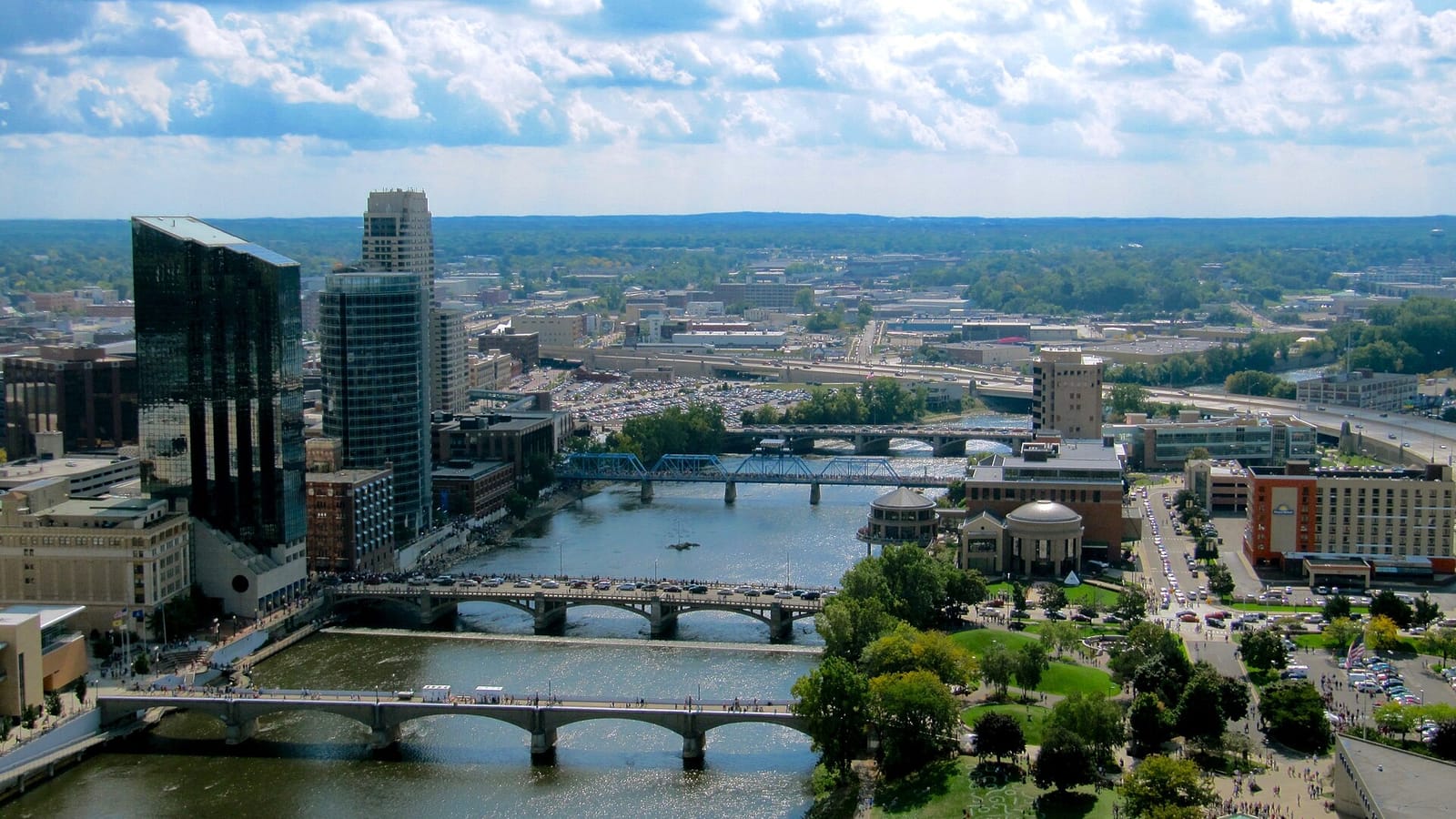 Downtown buildings and bridges viewed from a high-rise