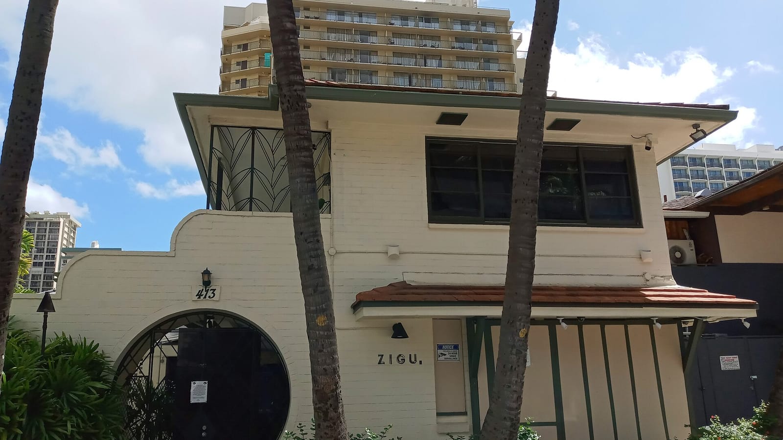 Pale apartment building behind palm trunks