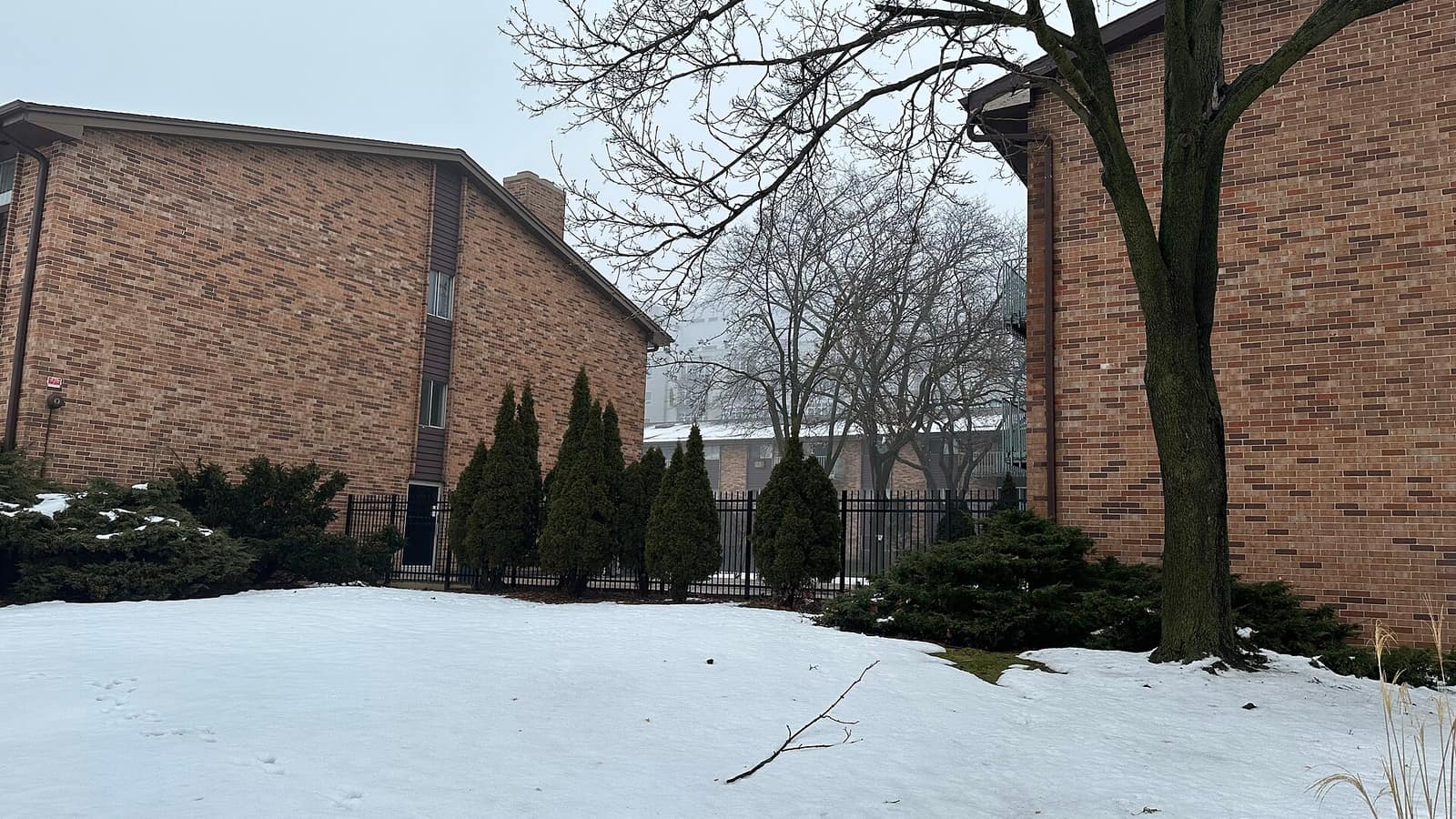 Brick apartment blocks framing a snowy landscaped courtyard