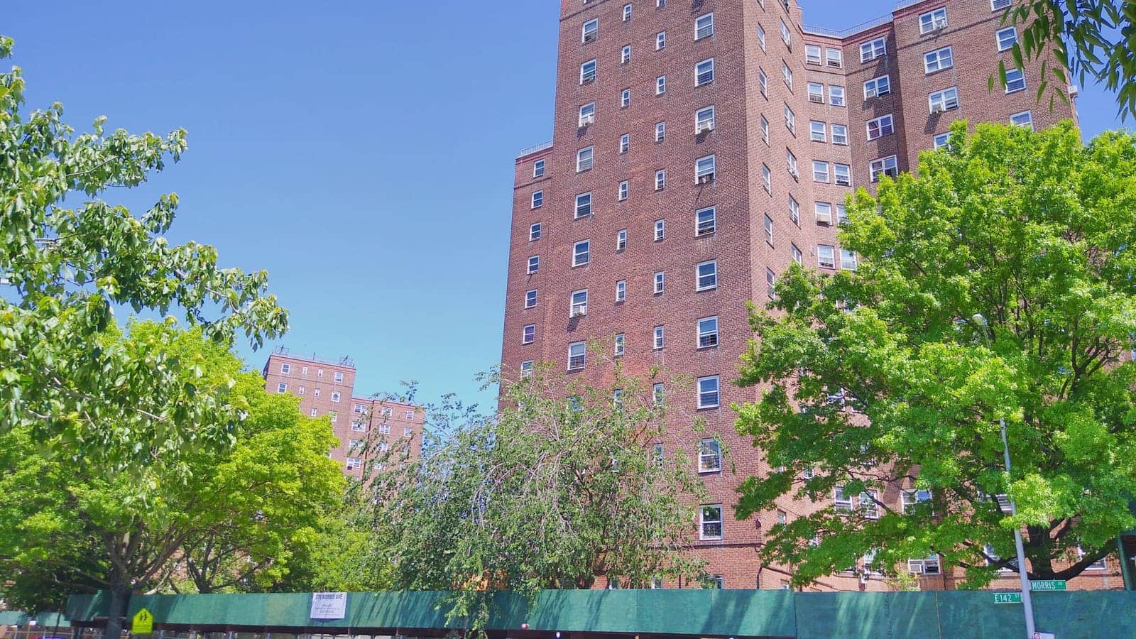 Tall red-brick apartment towers rising behind green trees and a construction fence, with street signs for East 142nd Street and Morris Avenue