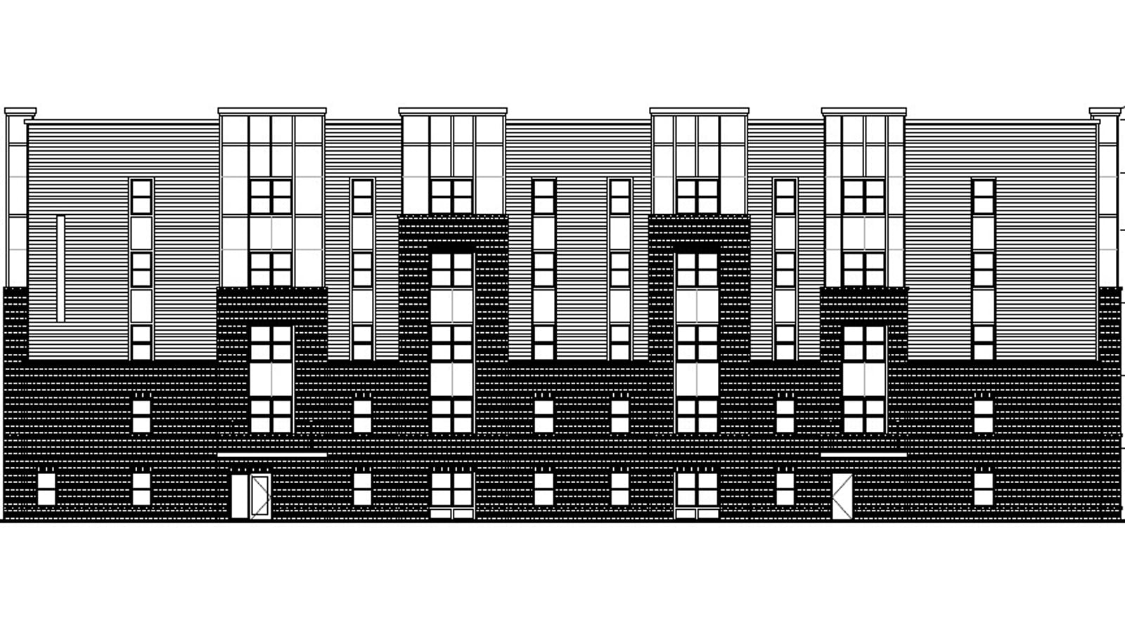 Black-and-white elevation drawing of a five-story apartment building with a brick lower section, horizontal siding above and four taller window bays