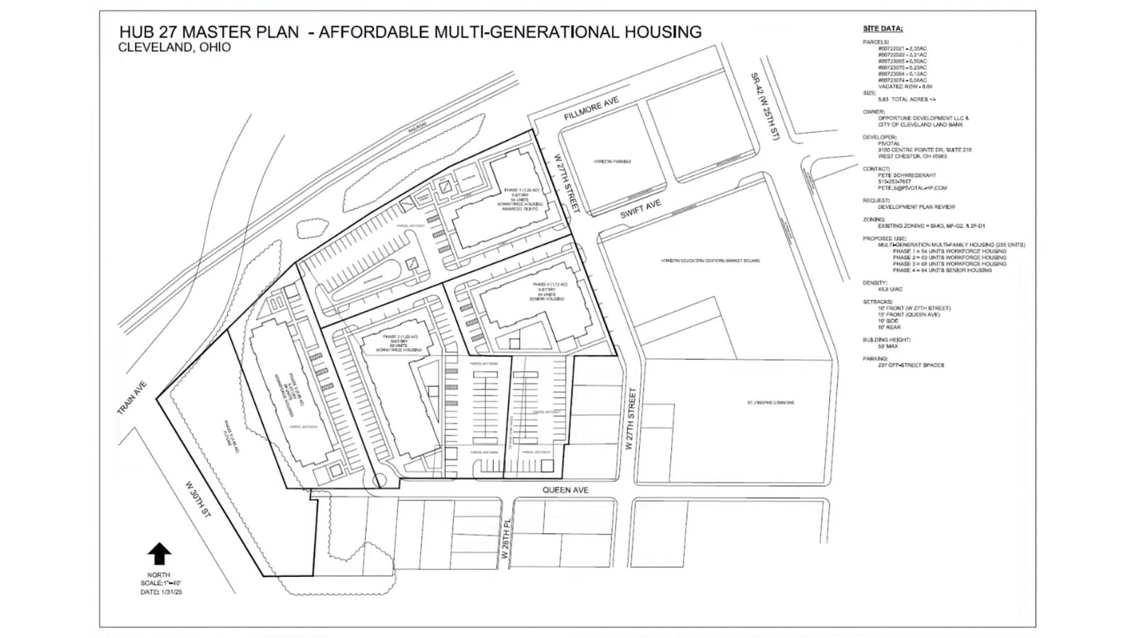 Site plan titled Hub 27 Master Plan, Affordable Multi-Generational Housing, showing four building phases between railroad tracks, West 27th Street, Queen Avenue and Train Avenue
