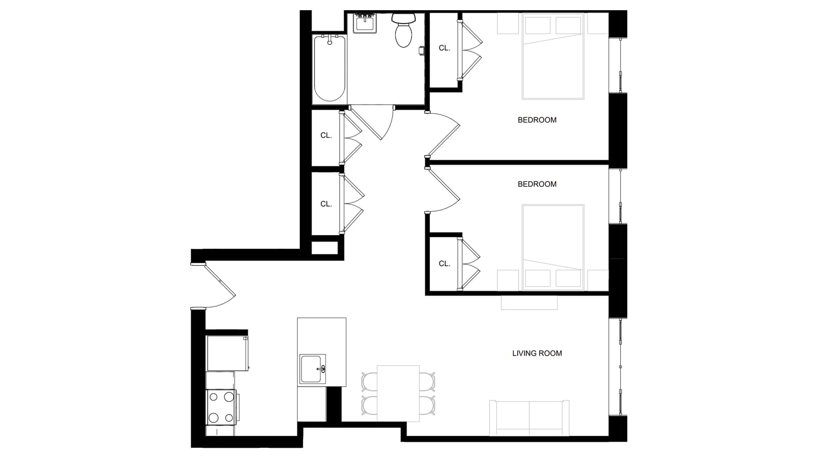 A black and white floor plan of a two-bedroom apartment: an entry door at left, a kitchen along the left wall with a stove and sink counter, a living room at lower right, two bedrooms with closets on the right side, a bathroom with a tub at the top and two hall closets