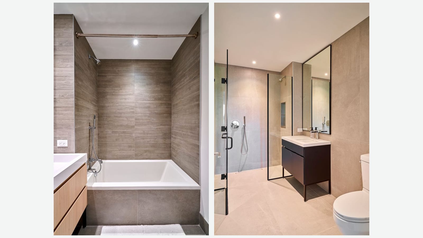 Two photographs side by side of bathrooms: at left a deep white tub with a hand shower and wood-look gray wall tile beside a light wood vanity; at right a glass-walled shower, a dark vanity with a white sink, a tall black-framed mirror, a toilet and large beige floor tiles