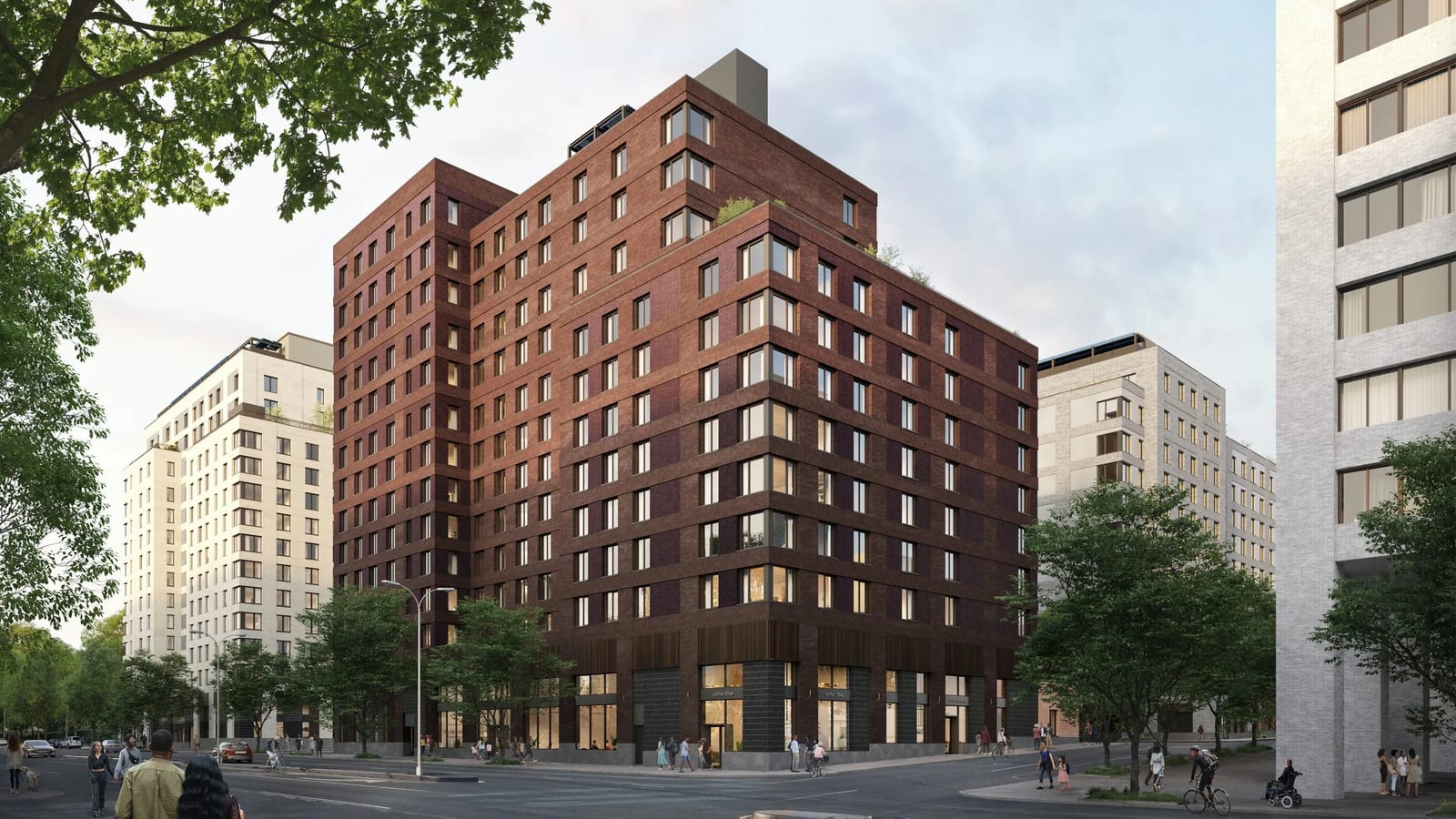 Rendering of a dark red brick apartment building of about thirteen stories on a street corner, with storefronts at ground level and lighter buildings on either side