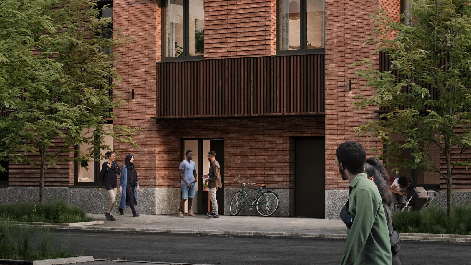 Rendering of a red brick building base with wooden slat screens over a doorway, a bicycle leaning on the wall and people talking on the sidewalk