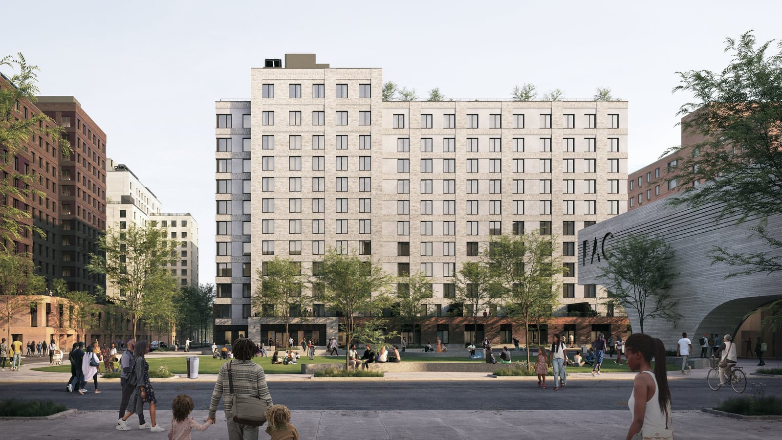 Rendering of a lawn with people sitting on the grass in front of a light brick apartment building, with a curved grey building marked PAC at the right edge