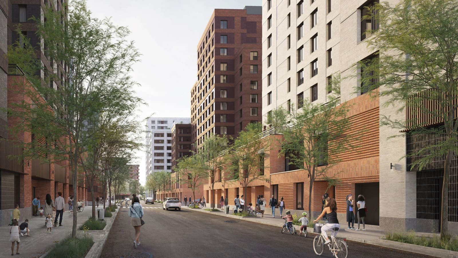 Rendering of a tree-lined street between brick and white apartment buildings, with children on bicycles and people walking on the sidewalks